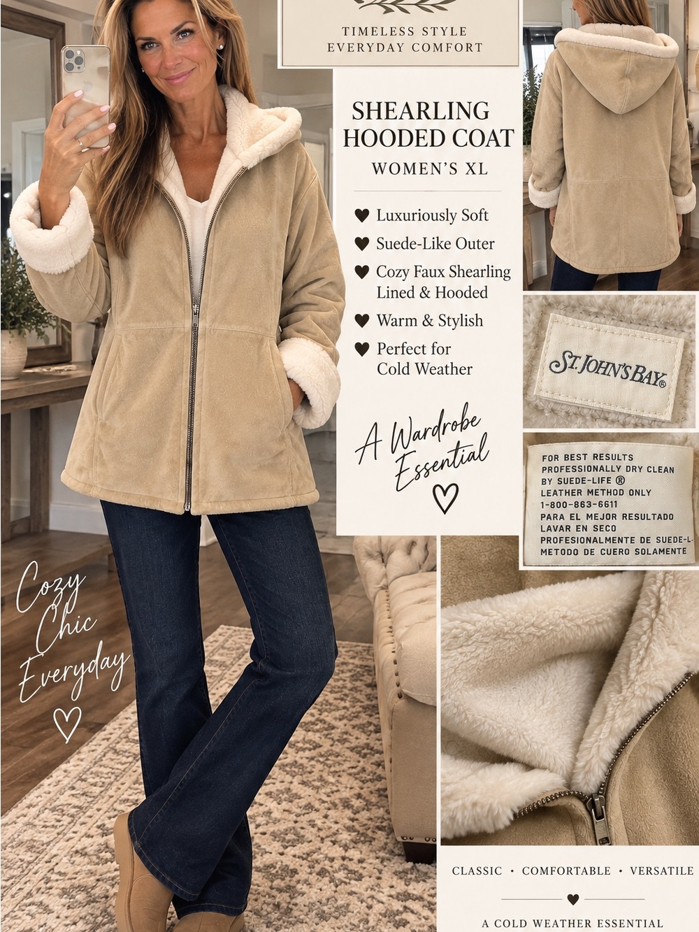 St. John's Bay Women's Teddy Shearling Hooded Jacket - Tan